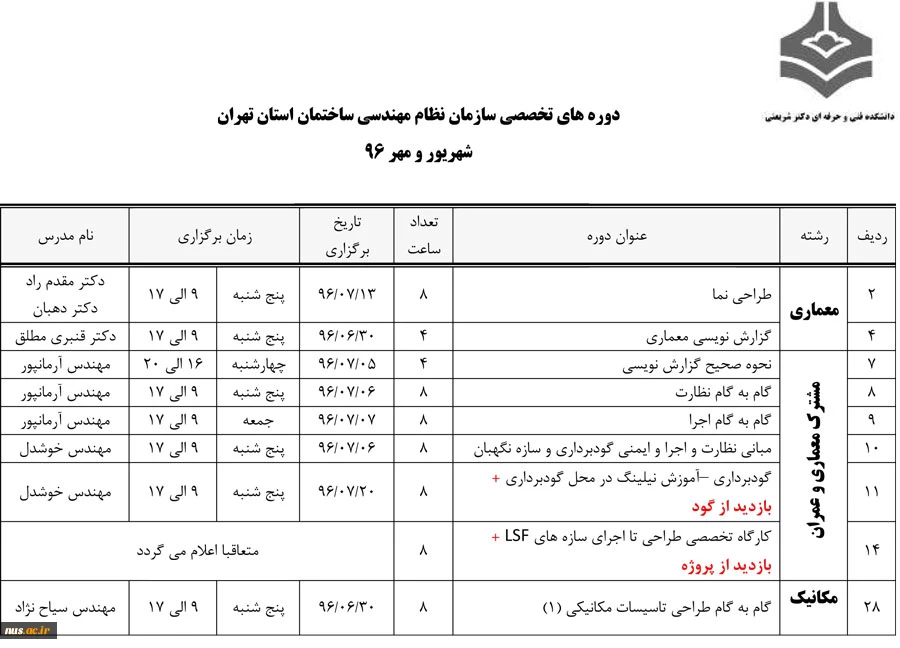 دوره های ارتقاء پایه سازمان نظام مهندسی ساختمان استان تهران 7