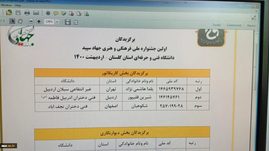 کسب مقام سوم درجشنواره ملی  جهاد سپید دانشگاه فنی وحرفه ای استان گلستان توسط استاد غلامعلی شکوهیان اساتید گروه گرافیک 5