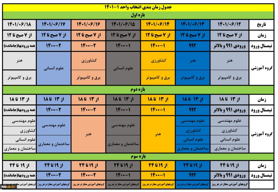 جدول زمانبندی انتخاب واحد ترم اول سال تحصیلی 1401-1402 2