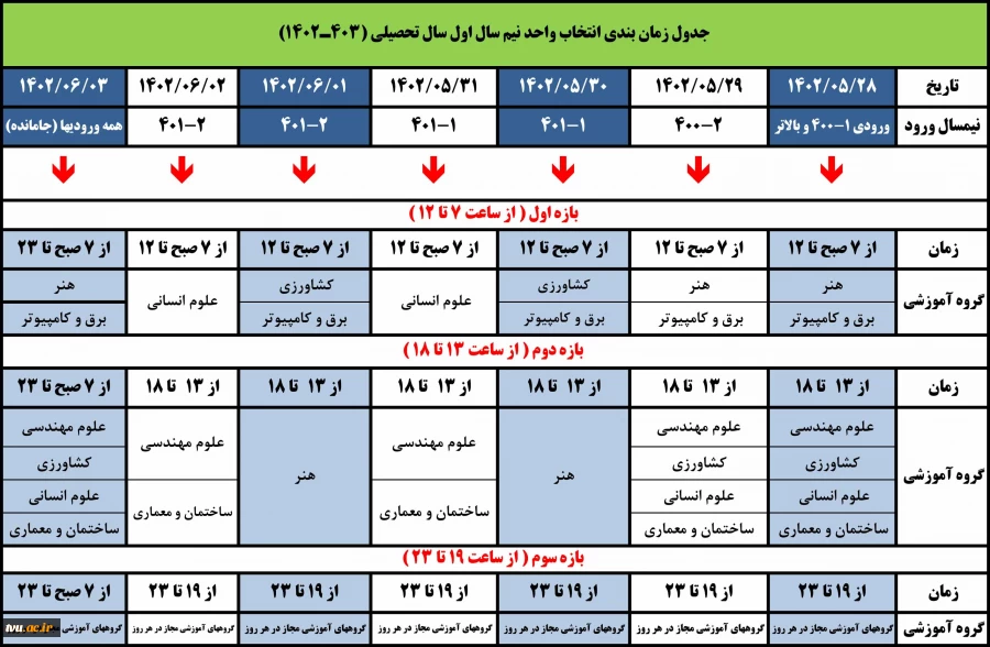 جدول زمانبندی انتخاب واحد نیمسال اول سال تحصیلی 403ـ1402  2