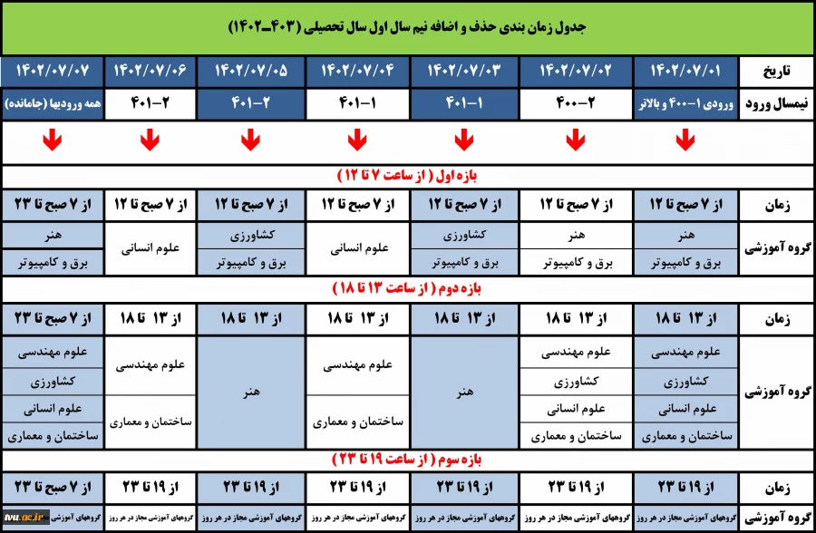 جدول زمانبندی حذف و اضافه نیمسال اول سال تحصیلی 403ـ1402  2